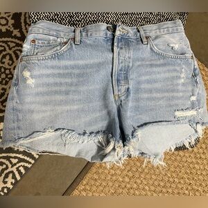 Agolde Blue Distressed Jean Shorts with Frayed Hem
